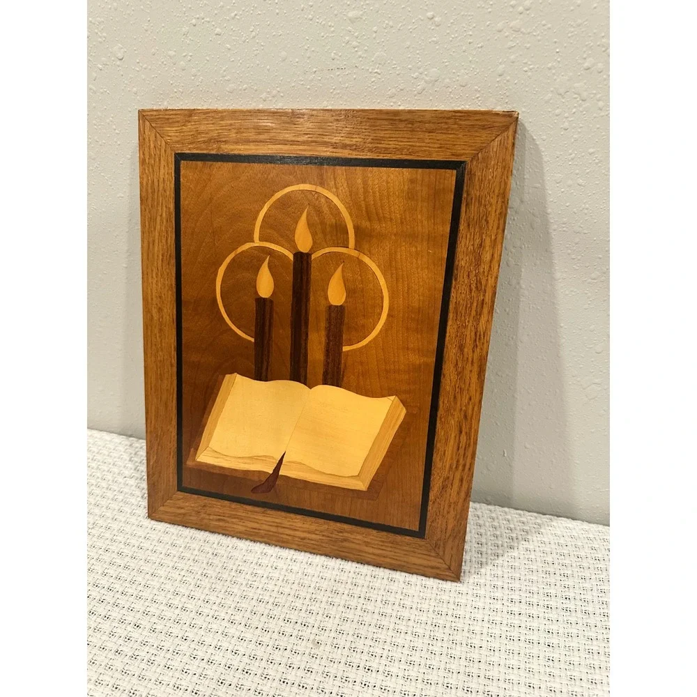 Vintage Marquetry Wood Inlay Wall Art Plaque Candles Book Brown Handmade Art